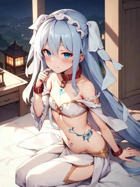 score_9, score_8_above, score_7_above,
eris,1 girl,alone,Blue eyes,for white,hair between the eyes, very long hair, clavicle, alone,long sleeves,wearing a slave dress,Wear a dog collar, bedroom, Naughty belly tattoo, the pregnancy, slave, 1boy