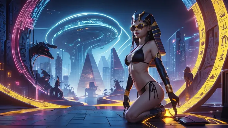 (((a medium-breast bikini slim GIRL with black micro sunglasses))), (((aiming at viewer with a pistol))), a balcony of a futuristic building, aerial view of an ultra-futuristic megalopolis, many metal buildings and houses in dark colors from dark blue to b...