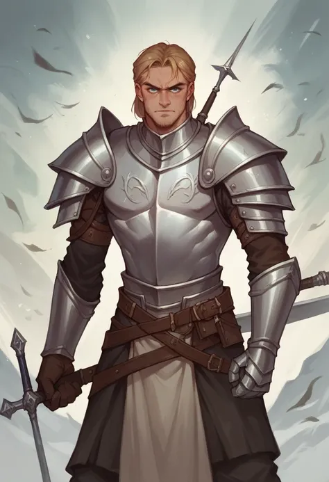 a europeon crusader wearing a full set of crusader armor wielding a frost scottish claymore