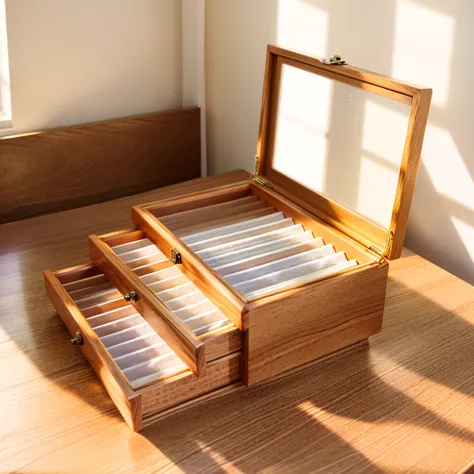 In this cozy room，A ray of sunlight shone through the half-drawn curtains on the table，Let the wood grain on the watch storage box shine with a faint luster。There was a calm and peaceful atmosphere in the air around them。There are several still lifes hangi...