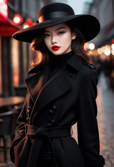 Magazine design，Fashion magazine cover，Black woolen trench coat，Round hat-wide brim，Handsome，Elegant temperament，1 Girl，Big red lips