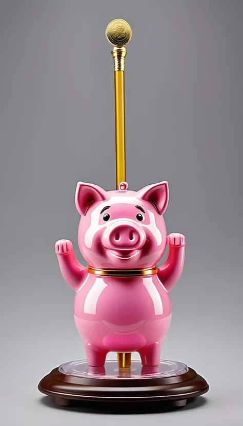 best quality, masterpiece, a cane weapon design, with a semi transparent pink pig piggy bank at the tip, the tip of the cane has a semi transparent coin slot, a floating gold coin pile in the piggy bank, and the connection between the tip and the cane is a...