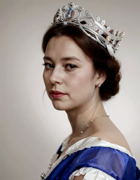 a close up of a woman wearing a tiara and a blue dress, queen elizabeth ii, queen of england, portrait of queen elizabeth ii, queen elizabeth, portrait of queen, portrait of a queen, royal portrait, wearing a diamond crown, queen chess piece photo portrait...