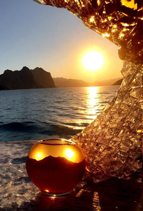 the sun shines into a crystal glass against the backdrop of the sea and mountains