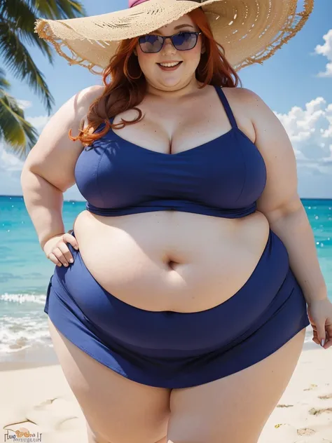 A Happy photo of a young beautiful redhead bbw with soft fat belly, wide fat obese hips, thick fat legs and fat arms, cute pretty face, small breasts, blue eyes, freckles, in a tight summer dress and summer hat and sunglasses 