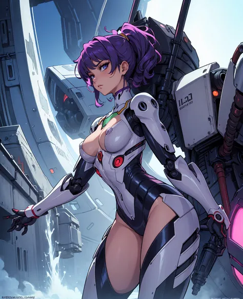 masterpiece, best quality, ultra-detailed, illustration, 1girl, highly detailed evangelion costume, (large robot background), detailed skin texture, beautiful detailed face, intricate details, ultra detailed