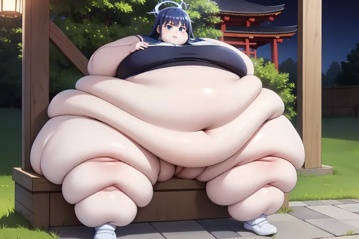 1girl,solo, saorijoumae, saori joumae, blue eyes, blue hair, halo, long hair,  1girl, sitting on grass, sitting, looking at viewer, NSFW:1.3, night, straight legs, spreading legs:1.2, from front, fat arms, sagging breasts, fat legs, vagina, pussy, Japanese...