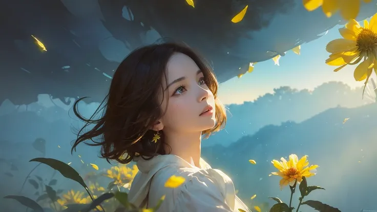 32k, Masterpiece, Highest quality, One girl, Brown Hair, Detailed eyes, flower,Dahlia, Light blue and yellow style,A dreamy, romantic piece,Pale yellow, Mysterious Leaves,A playful arrangement,Fantasy,High Contrast,Ink strokes,explosion,Exposure, Impressio...