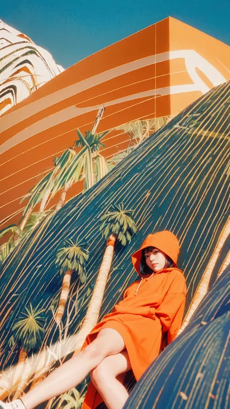 Best Quality,Masterpiece,Ultra High Resolution,(Realisticity:1.4),Original Photo, 1Girl,1 girl, wear ((orange color oversized hoodie)), (purple tennis skirt), light leak,dark intens shadow,ultra high resolution,UHD,beautiful, black bob hair, almond eye, no...