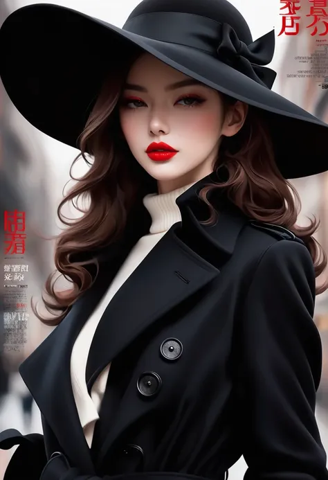 Magazine design，Fashion magazine cover，Black woolen trench coat，Round hat-wide brim，Pull the brim of your hat down to cover your eyes，Handsome，Elegant temperament，1 Girl，Big red lips