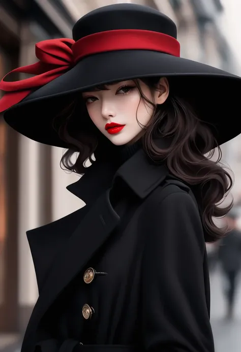 Magazine design，Fashion magazine cover，Black woolen trench coat，Round hat-wide brim，Pull the brim of your hat down to cover your eyes，Handsome，Elegant temperament，1 Girl，Big red lips