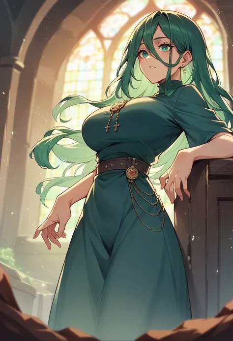 a lady with dark greenish faded blue clothes and very dark redish hair in a wooden church in a cave