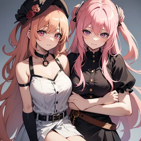 She is an anime style girl, She has long, wavy pink hair that fades to a lighter shade at the ends. She wears a black sleeveless button-front blouse and what appears to be a choker necklace.. He also has a white accessory on his head., similar to a hat or ...