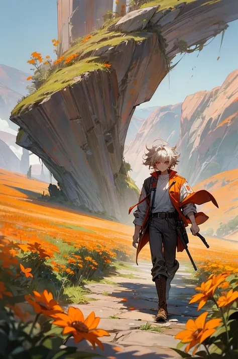 (8k, Best Quality, Masterpiece) an anime character/manga walking in a natural landscape. The character has white, messy hair., red eyes and determined expression. He wears a brown jacket with red details, a white shirt, dark pants and boots. He has a belt ...