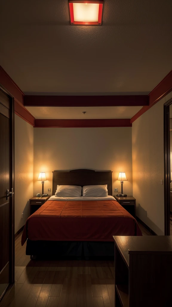 Motel scenery, from front view, room with red lights, double box bed, mirrored ceiling, textured, maximum detail, nobody, highest quallity, work of art, sex environment