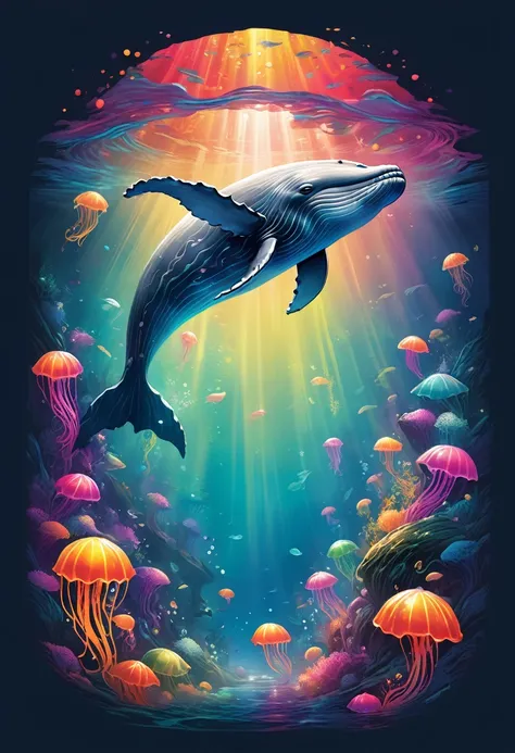 creative logo ilustration of a big grey whale surrounded by colorful glowing jelly fishes,  digital art style by dan mumford, marc simonetti, frank frazetta, sketch, high definition, negative space, logo style, T-shirt design