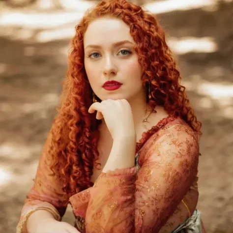 22 year old non-Oriental noble woman from the 17th century, slightly overweight, beautiful with long red curly hair, greenish eyes and full, red lips, serious expression, wearing a pink dress with gold flower details, has a pet fox 