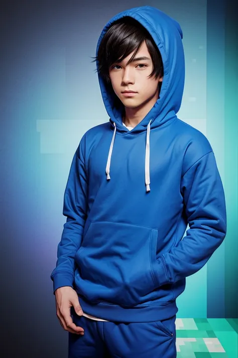 Anime boy with blue hoodie in Minecraft background