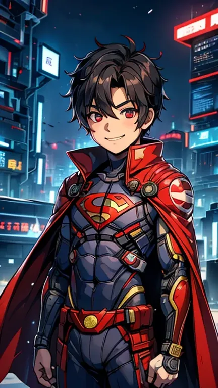 (8k),(masterpiece),(Japanese),(8-year-old boy),((innocent look)),((Childish)),From the front,smile,cute,Innocent,Kind eyes,Flat chest,Red cape,Superman, short,Hair blowing in the wind,Black Hair,Strong wind,night,dark, Neon light cyberpunk city