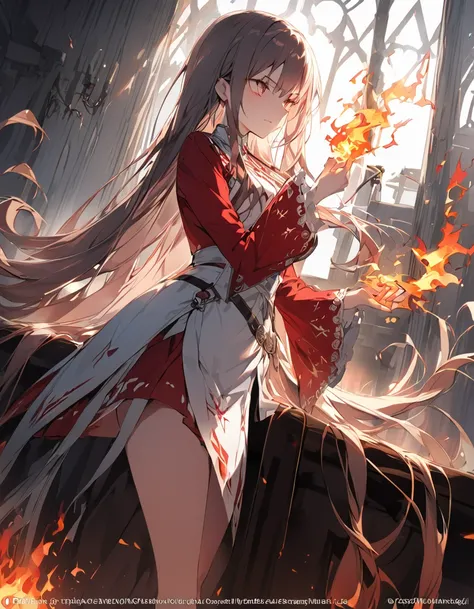 Detailed description　A woman with very long hair　Intense flames all over　Spell