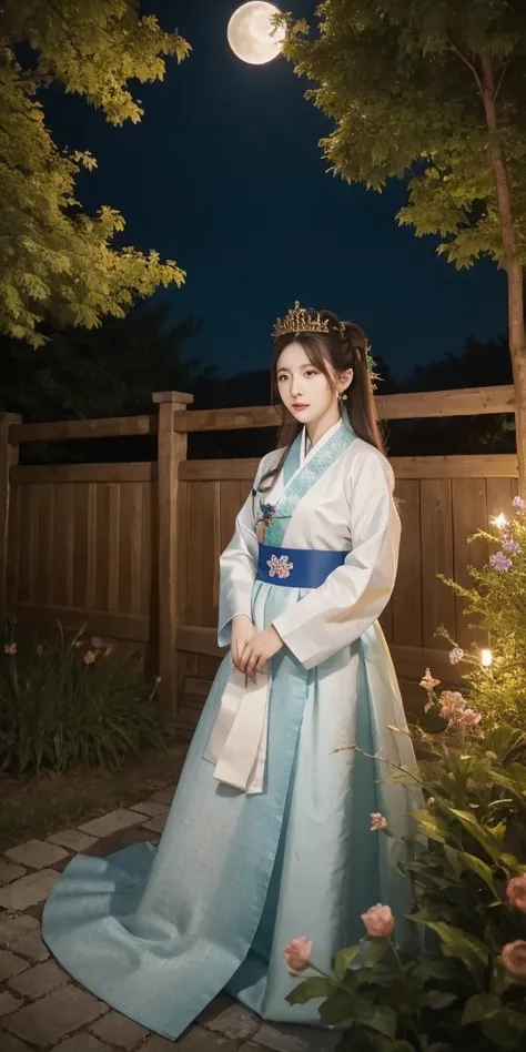 best quality, high_resolution, distinct_image, detailed background ,girl, hanbok,flower,garden,moon, night,dutch angle, wide shot, crown,