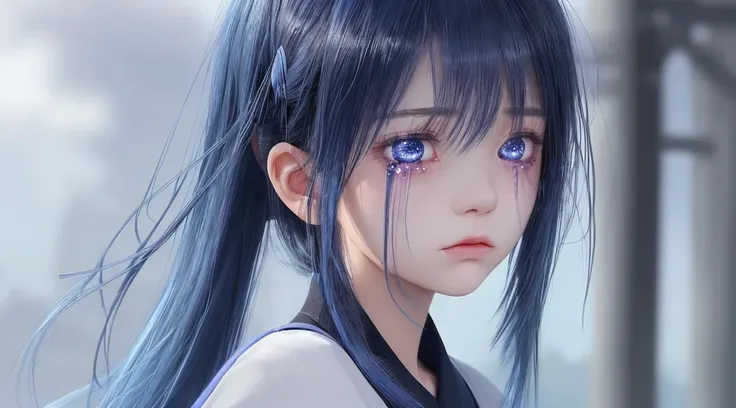 Sad expression、LandscapeのGirl、Tears are running down her cheeks、Not tying hair、Black hair band、Light blue and purple hair、Girl、Dark navy blue clothing that exposes the shoulders、Tears flowing、Facing the top right、I&#39;m asking for grace with both hands、La...