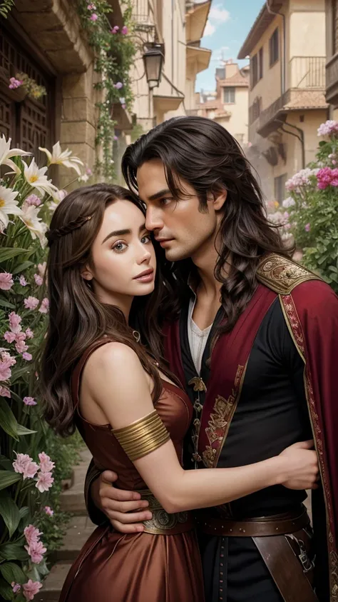 Two person 1 Neels Visser is a prince who has golden blond hair, wears a medieval military outfit and is in love with the commoner 2 Lily Collins, who has curly black hair and wears a red dress, the two kiss very affectionately, illustration of a romance b...