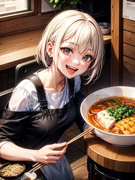 Highest Resolution,Highest quality,Smiling while looking at the ramen,Girl with open mouth and saliva dripping,Black short hair,up,