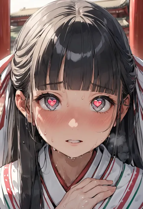 (sweaty skin) (standing, in the Fukuoka hakata city), (pov close up face) solo:2, 15 yo, ((blunt bangs)) (black hair long hair panic:1.4 shrine maiden girl), ((((heart shaped pupils gray eyes)))), hand put on own chest, in a shrine maiden clothes, BREAK, p...