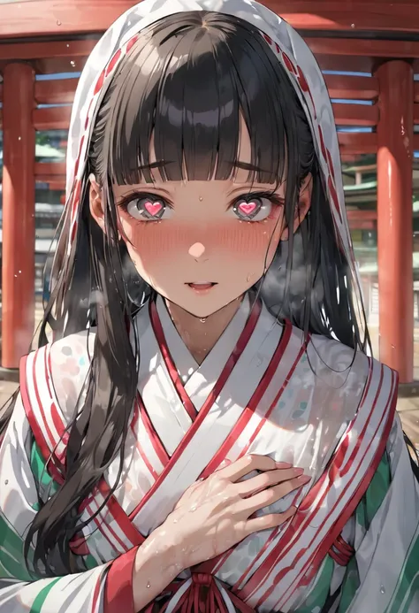 (sweaty skin) (standing, in the Fukuoka hakata city), (pov close up face) solo:2, 15 yo, ((blunt bangs)) (black hair long hair panic:1.4 shrine maiden girl), ((((heart shaped pupils gray eyes)))), hand put on own chest, in a shrine maiden clothes, BREAK, p...