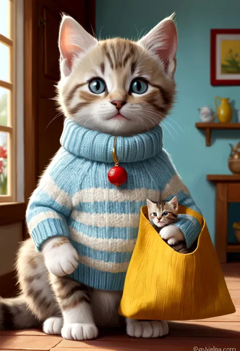 Leo, the kitten kitten, is smiling satisfied, holding the makeshift bag full of goodies. He is standing in the living room of the small house, wearing his light blue sweater with white stripes and the red collar with the fish-shaped pendant. Beside him, yo...