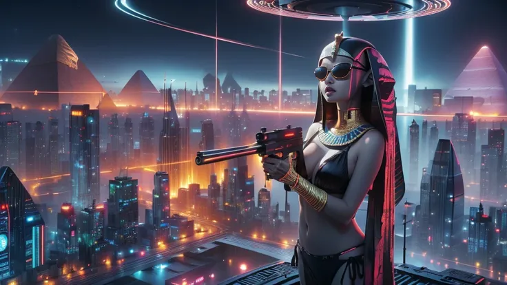 (((a medium-breast bikini slim GIRL with black micro sunglasses))), (((aiming at viewer with a pistol))), a balcony of a futuristic building, aerial view of an ultra-futuristic megalopolis, many metal buildings and houses in dark colors from dark blue to b...