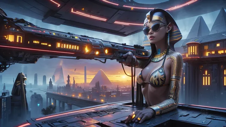 (((a medium-breast bikini slim GIRL with black micro sunglasses))), (((aiming at viewer with a pistol))), a balcony of a futuristic building, aerial view of an ultra-futuristic megalopolis, many metal buildings and houses in dark colors from dark blue to b...