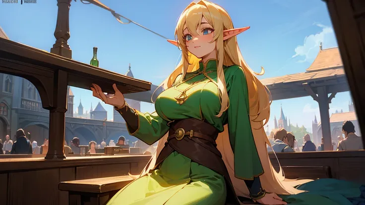 Anime Style,Nostalgic,Detailed background,The medieval world,A lively bar with lots of people,Beautiful sky,Beautiful Elf Bard,Large Breasts