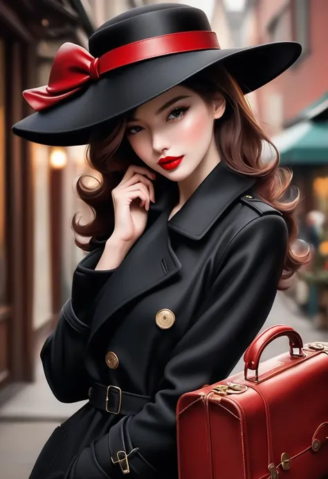 Magazine design，Fashion magazine cover，Black woolen trench coat，Round hat-wide brim，Pull the brim of your hat down to cover your eyes，Handsome，Elegant temperament，1 Girl，Big red lips，Genuine leather vintage carry-on suitcase