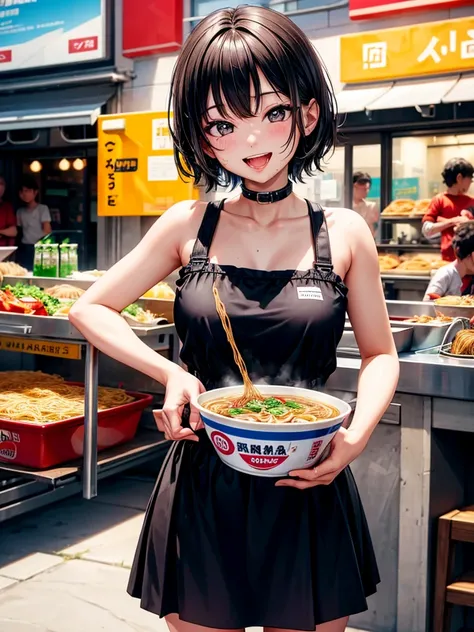 Highest Resolution,Highest quality,Smiling while looking at the ramen,Girl with open mouth and saliva dripping,Black short hair,up,