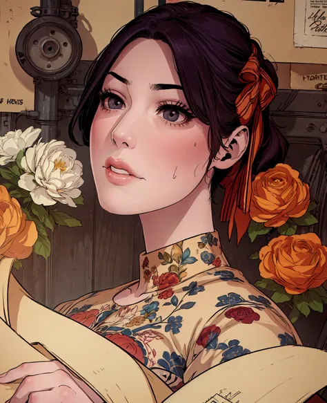 Charlie Bowater realistic Lithography sketch portrait of a woman, flowers, [gears], pipes, dieselpunk, multi-colored ribbons, old paper texture, highly detailed