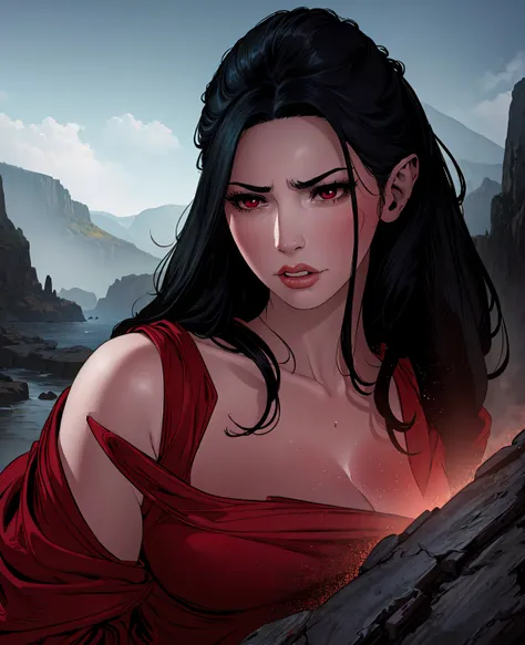 a devilish woman with long black hair, pale flawless skin, piercing red eyes, wearing an intricate elf-like costume with sharp pointed ears, in a dark and moody fantasy setting, (best quality,8k,highres,masterpiece:1.2),ultra-detailed,(realistic,photoreali...