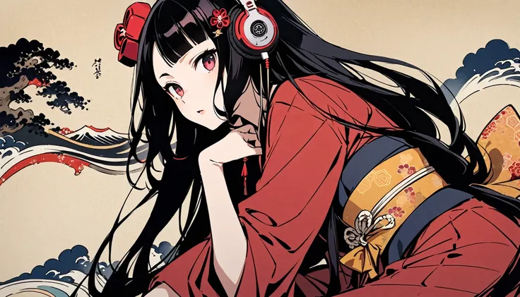 Highest quality, Katsushika Hokusai, Ink Painting, (((straight longhair))), (((1 girl))), (((Pale red yukata))), Japanese style headphones, Red spider lily, beautiful girl, Black Hair, Delicate and precise, Modern ukiyo-e style, Red Eyes, hairpin