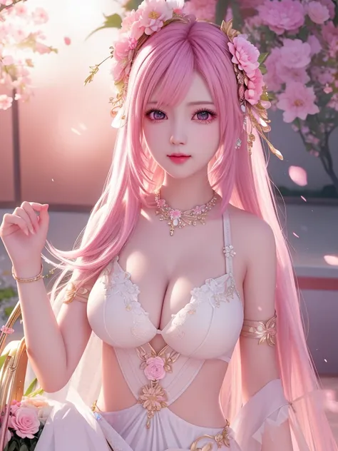 best quality, masterpiece, High target, There is a girl with a basket of flowers on her head, Big breast beauty，Very sexy，beautiful clothes, Hair Decorationss, necklace, Decorations, Pretty Face, When the body, Tyndall effect, Realistic Portraits, Edge lig...