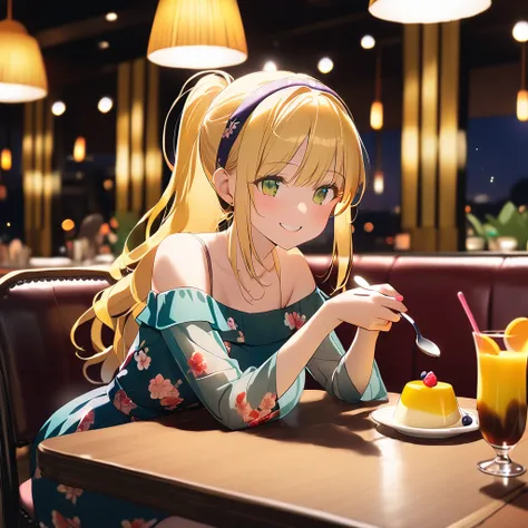 1girl, beautiful young girl, cute smile, long yellow hair, ponytail, hairband, green eyes, floral print dress, off-shoulder, sitting on chair, front of her table, pudding, spoon, drink, enjoying, hands down, background restaurant, publics, cinematic lighti...