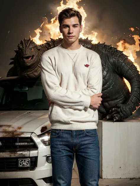 25 year old male Good looking, white skin Wear a sweater and jeans and stand facing the camera. The background is Godzilla. There are flames all around.