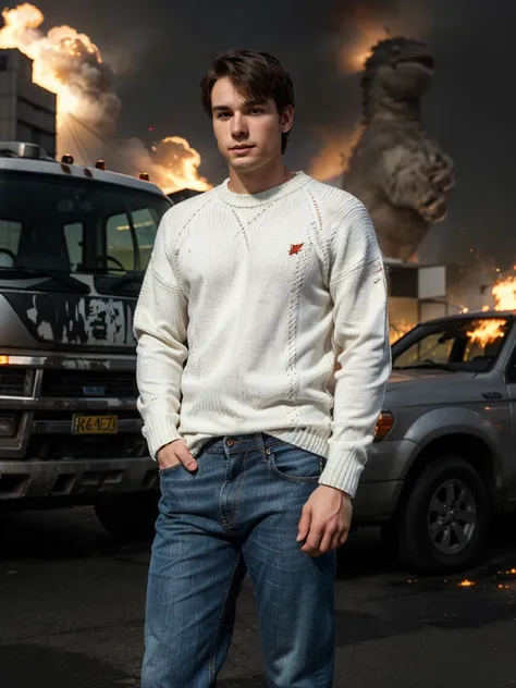 25 year old male Good looking, white skin Wear a sweater and jeans and stand facing the camera. The background is Godzilla. There are flames all around.