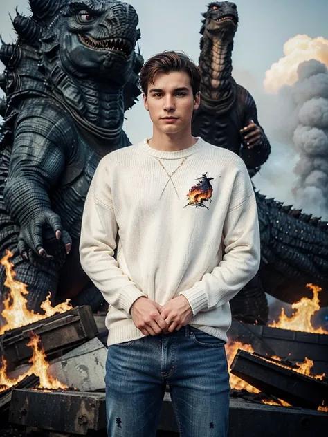 25 year old male Good looking, white skin Wear a sweater and jeans and stand facing the camera. The background is Godzilla. There are flames all around.