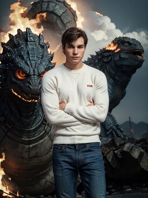 25 year old male Good looking, white skin Wear a sweater and jeans and stand facing the camera. The background is Godzilla. There are flames all around.