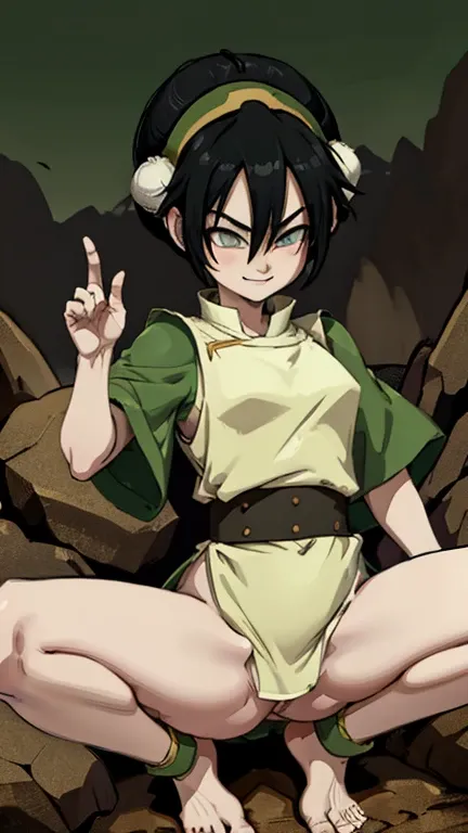 toph bei fong, short black hair, white eyes, headband,hair ornament, white eyes, blind, green skimpy chinese dress, tunic, barefoot, serious, smirk, lying, on back, spreading legs, on dirt, rocks, from_above, sunny, high quality, masterpiece, cameltoe, 