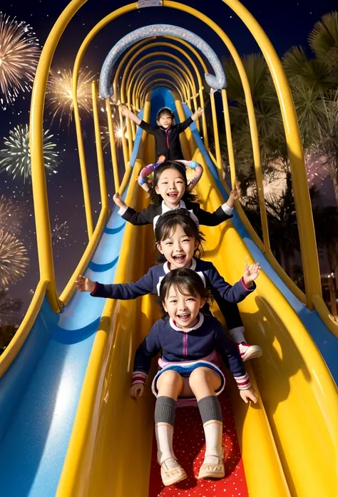 Cheerful children ride down the slide on New Year&#39;s Eve.