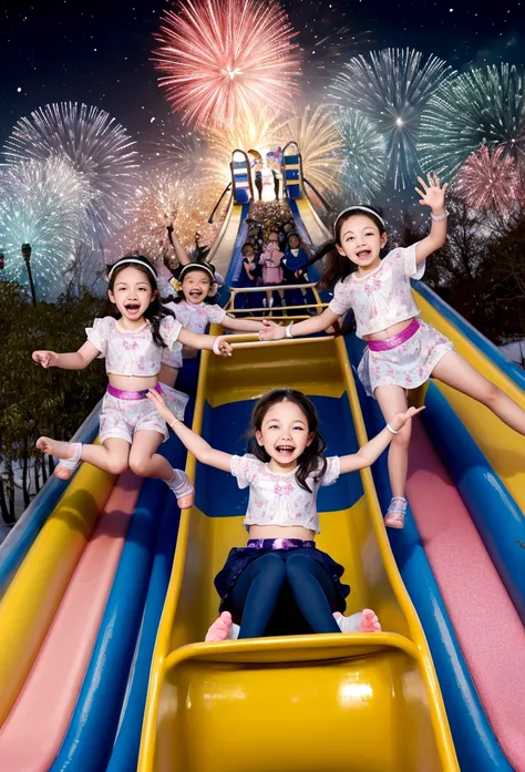 Cheerful children ride down the slide on New Year&#39;s Eve.