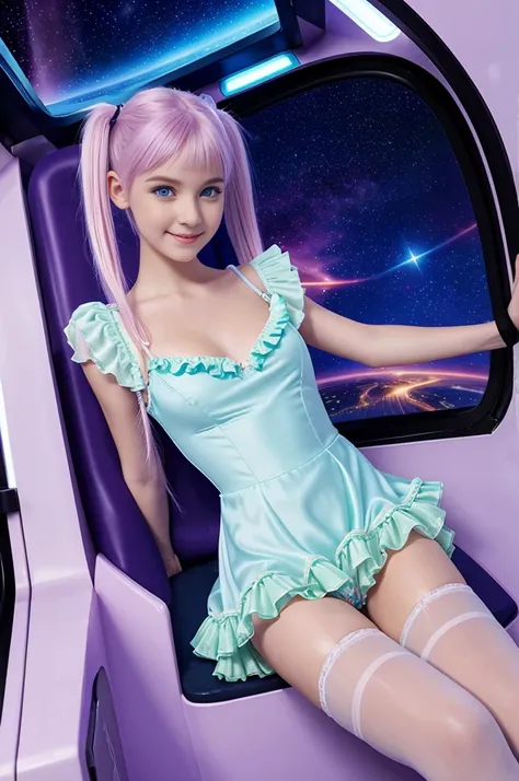 cute 19-year-old neon haired woman, pale white skin, happy, smiling, in twin tails, perfect blue eyes, pale goth skin, silky smooth skin, flying a fancy metal luxurious space ship, futuristic cockpit, shes a pilot, outer space seen in windows, dark warm li...