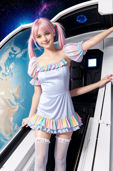 cute 19-year-old neon haired woman, pale white skin, happy, smiling, in twin tails, perfect blue eyes, pale goth skin, silky smooth skin, flying a fancy metal luxurious space ship, futuristic cockpit, shes a pilot, outer space seen in windows, dark warm li...